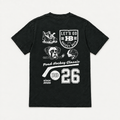 Back view of a charcoal youth hockey t-shirt with the Pond Hockey Classic 26 graphic on a warm off-white background.