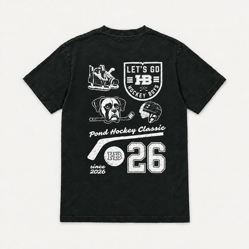 Back view of a charcoal youth hockey t-shirt with the Pond Hockey Classic 26 graphic on a warm off-white background.