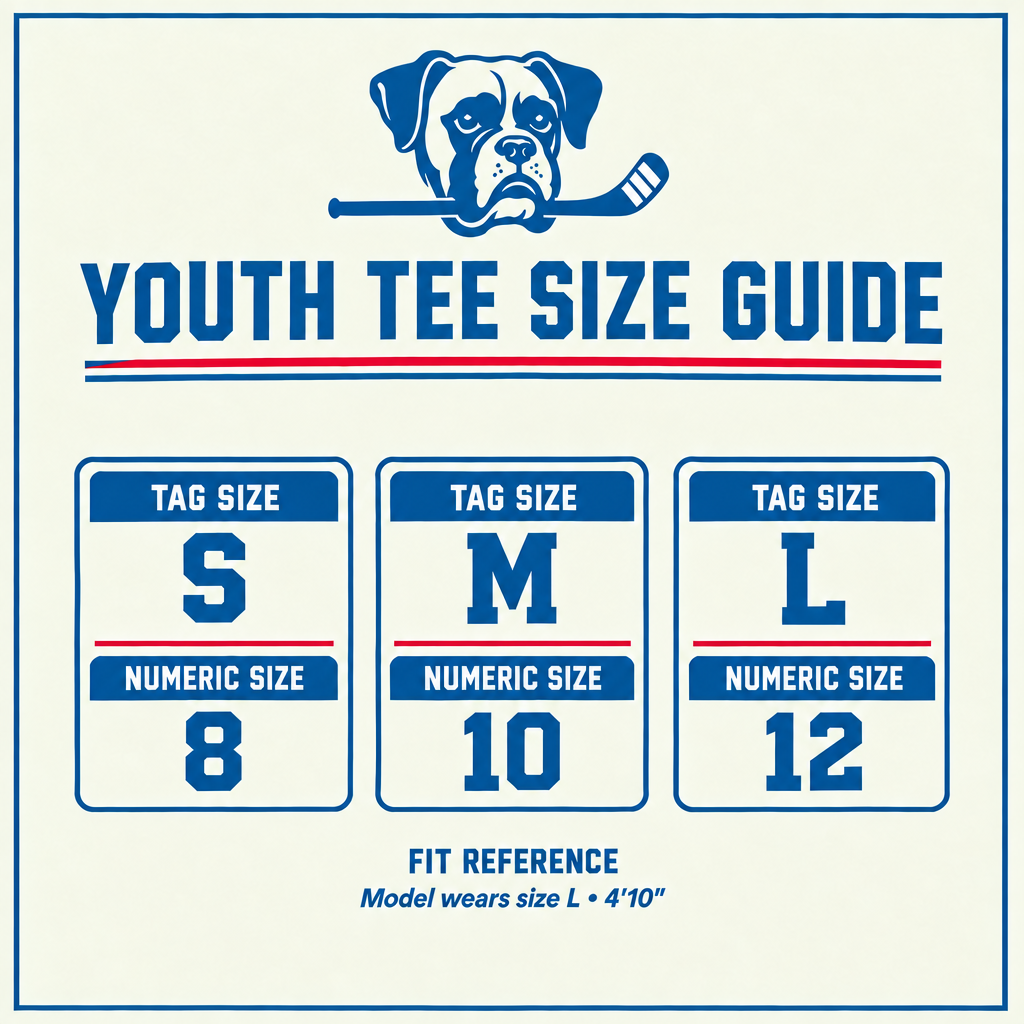Youth hockey tee size guide for the Dark Deep Coal tee showing tag sizes S, M, and L with numeric sizes 8, 10, and 12, plus a model fit reference.